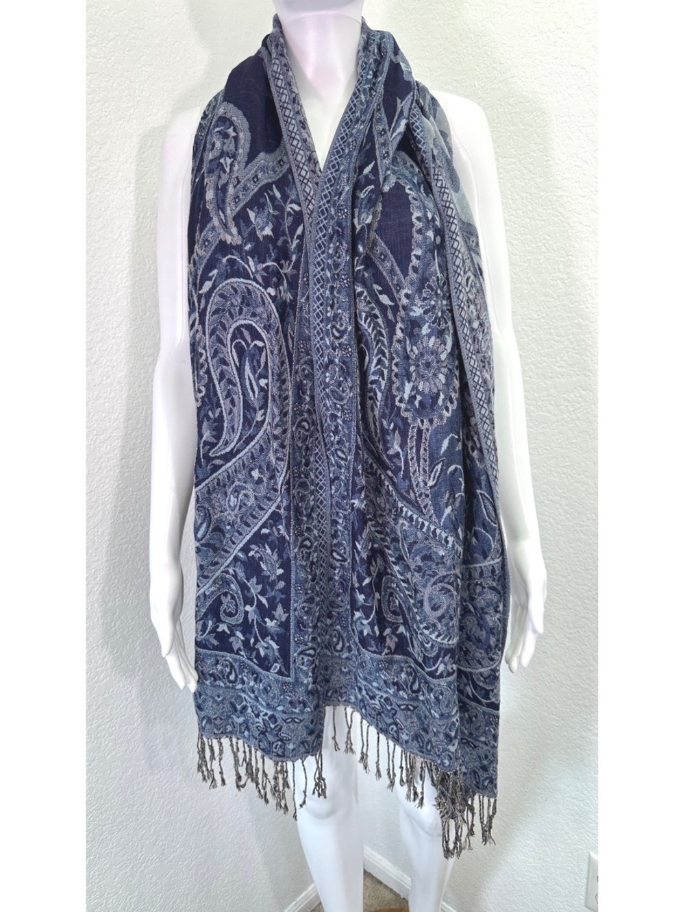 Blue Paisley Wool Blend Scarf Cover Up Wrap Fringe Shawl Floral